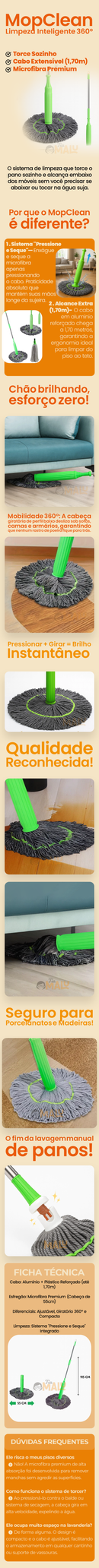 MopClean - Esfregão 2 em 1 Giratório Automático Com Desidratação Perfeito Para Limpeza Completa de Piso - Entrega Grátis